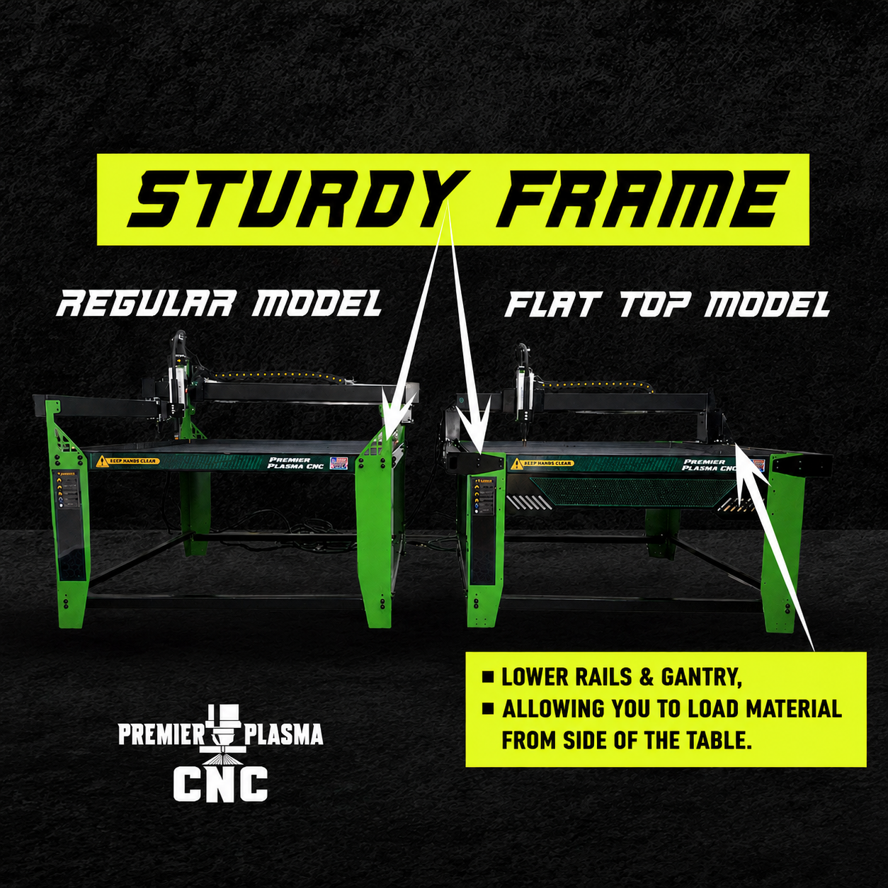 Premier Plasma CNC flat top CNC plasma table vs regular model with sturdy steel frame and lower rails for easy side loading of sheet metal.